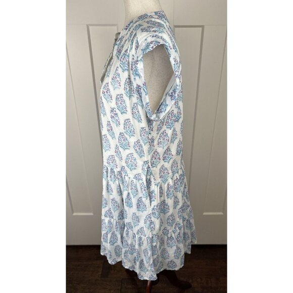 Oliphant Tuckernuck Gauze Cotton Block Print Dress L Blue Pink Tiered Above Knee - Picture 4 of 9